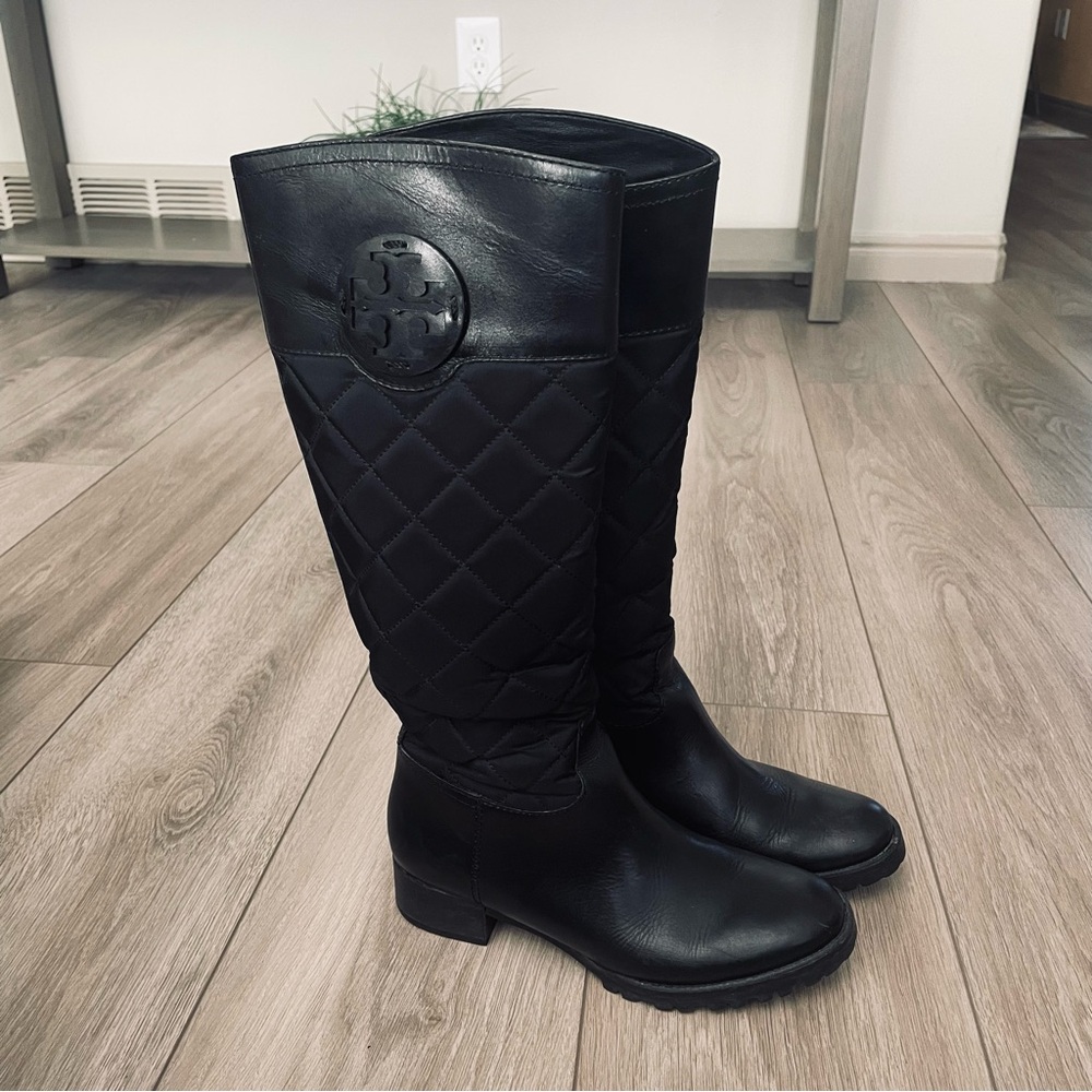 Tory Burch Rowan Black Leather/Nylon Rowan Quilted Riding Boots Sz  5,5